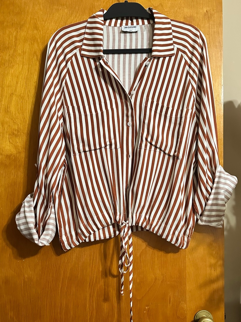 LNA Rust and White Striped Tie-Front Blouse